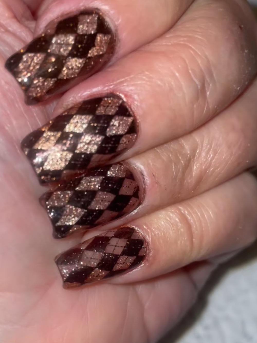 Argyle Glitter Press-on Nails Brown & Rose Gold